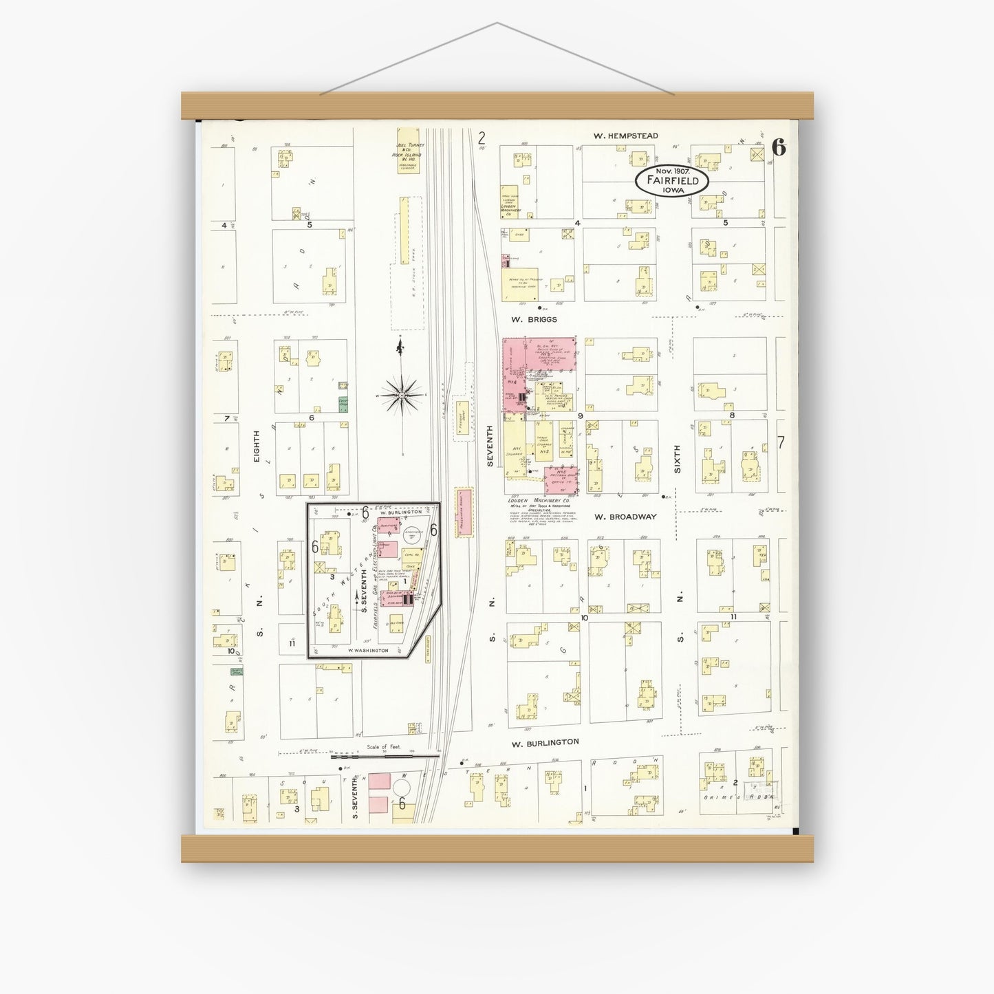 Old map wall art mockup — magnetic wood frame on white wall — Sanborn Fire Insurance Map from Fairfield, Jefferson County, Iowa (1907), Sheet #0006