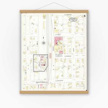 Old map wall art mockup — magnetic wood frame on white wall — Sanborn Fire Insurance Map from Fairfield, Jefferson County, Iowa (1907), Sheet #0006