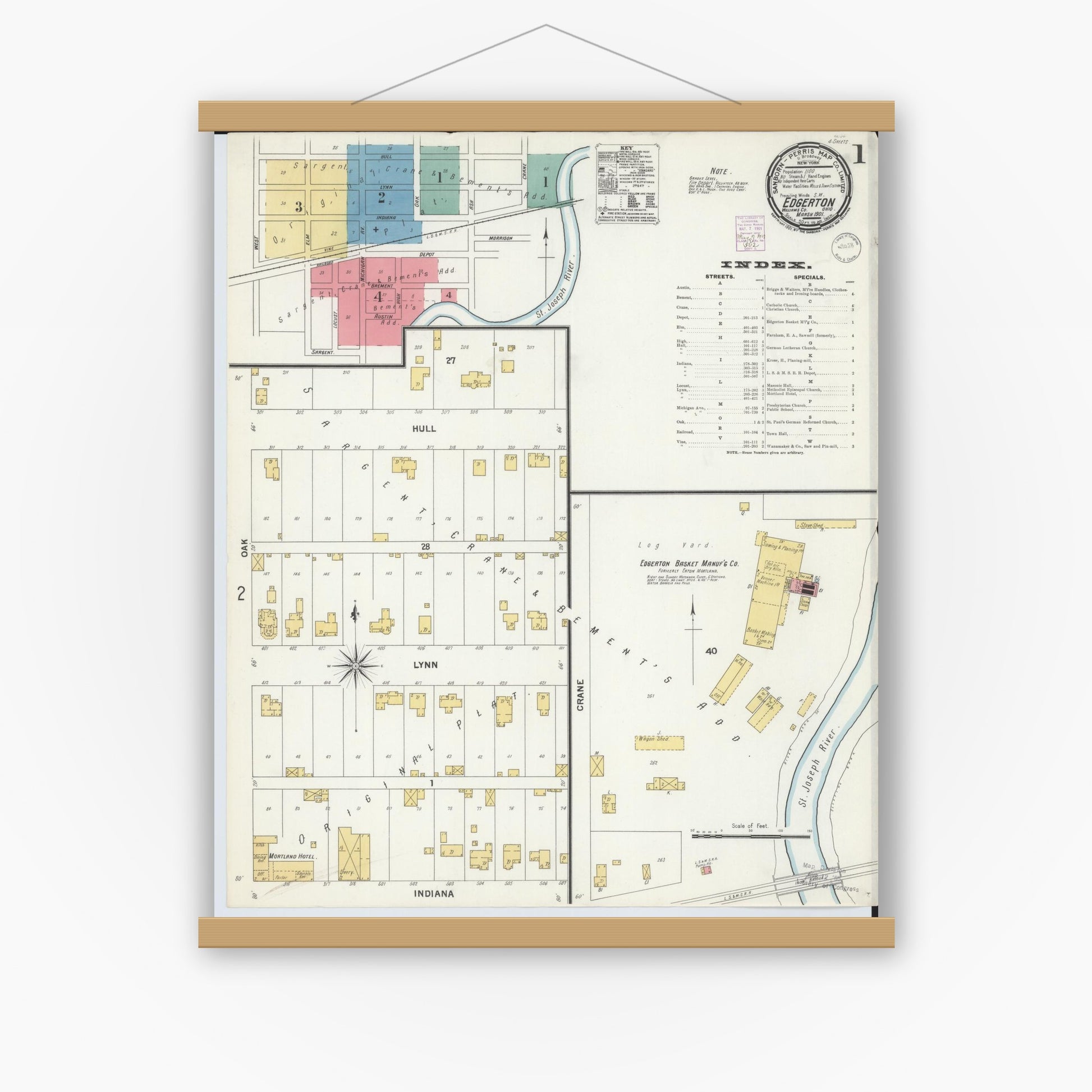 Old map wall art mockup — magnetic wood frame on white wall — Sanborn Fire Insurance Map from Edgerton, Williams County, Ohio (1901) - Complete Map Set