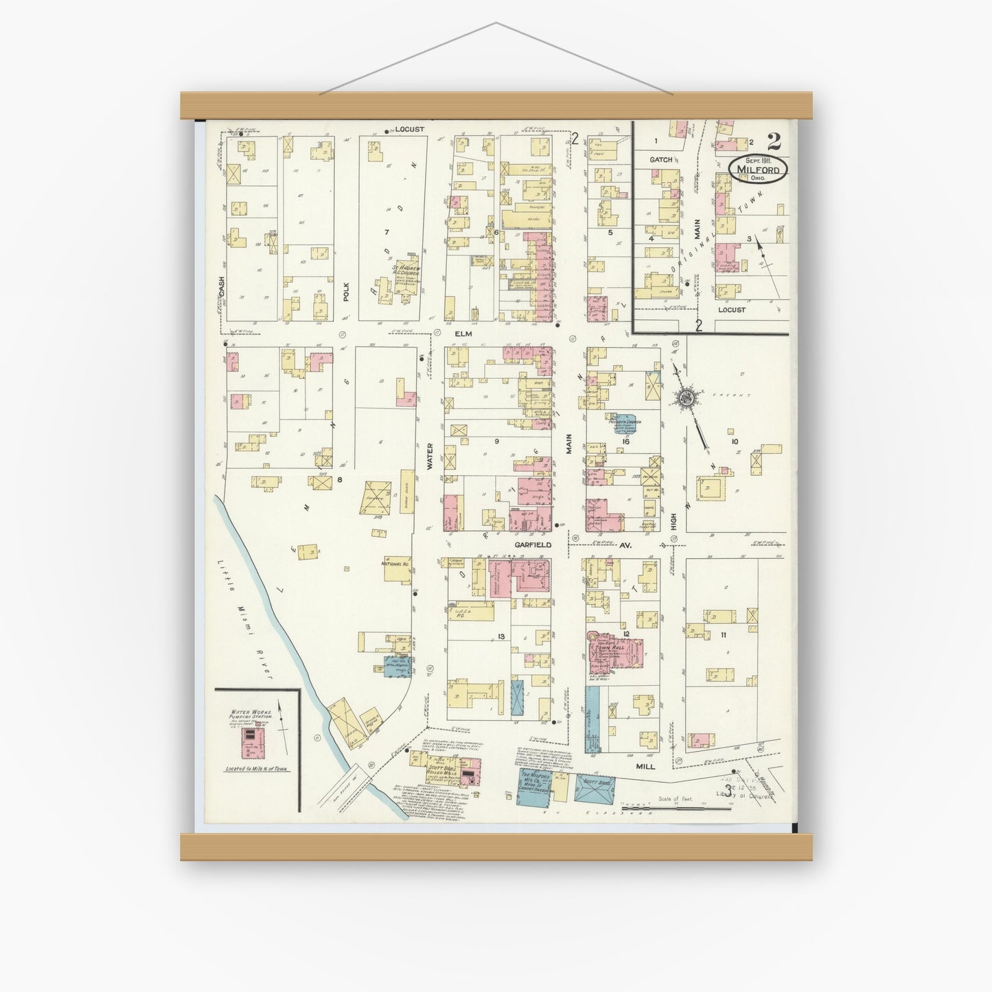 Old map wall art mockup — magnetic wood frame on white wall — Sanborn Fire Insurance Map from Milford, Clermont And Hamilton County, Ohio (1911), Sheet #0002