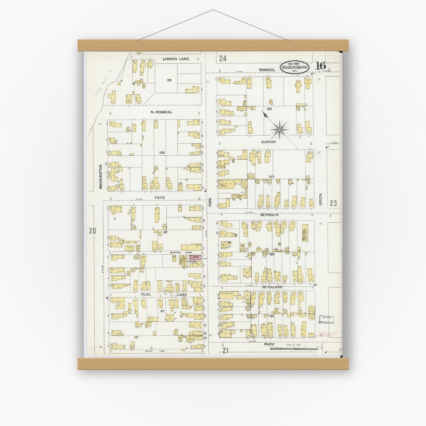 Old map wall art mockup — magnetic wood frame on white wall — Sanborn Fire Insurance Map from Ogdensburg, St. Lawrence County, New York (1904), Sheet #0016