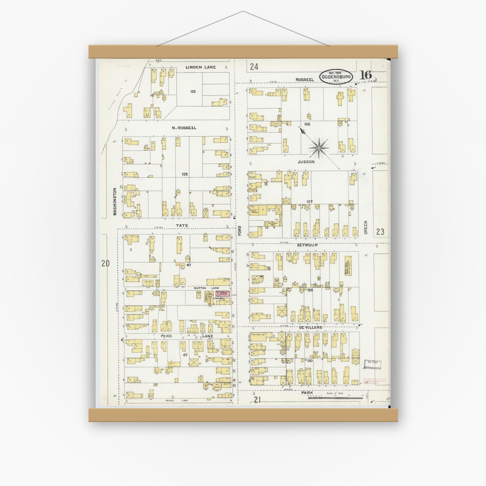 Old map wall art mockup — magnetic wood frame on white wall — Sanborn Fire Insurance Map from Ogdensburg, St. Lawrence County, New York (1904), Sheet #0016