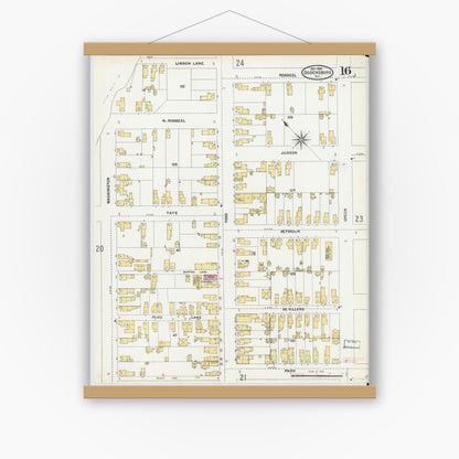 Old map wall art mockup — magnetic wood frame on white wall — Sanborn Fire Insurance Map from Ogdensburg, St. Lawrence County, New York (1904), Sheet #0016