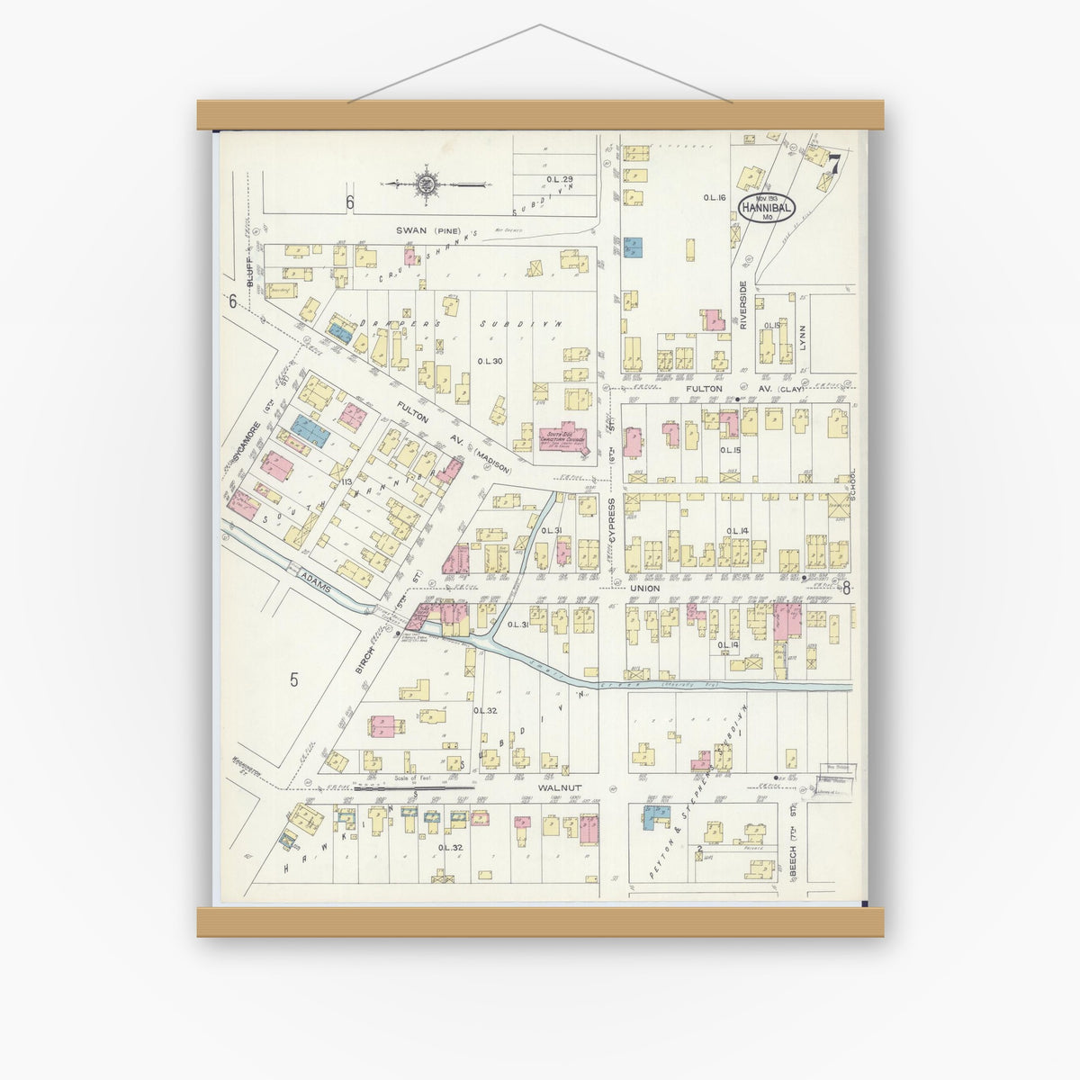 Old map wall art mockup — magnetic wood frame on white wall — Sanborn Fire Insurance Map from Hannibal, Marion County, Missouri (1913), Sheet #0007