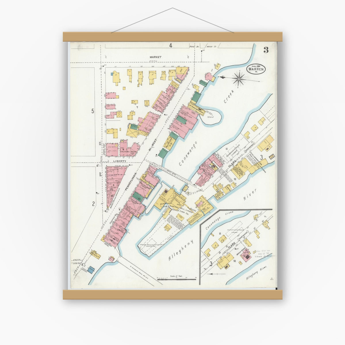 Old map wall art mockup — magnetic wood frame on white wall — Sanborn Fire Insurance Map from Warren, Warren County, Pennsylvania (1904), Sheet #0003