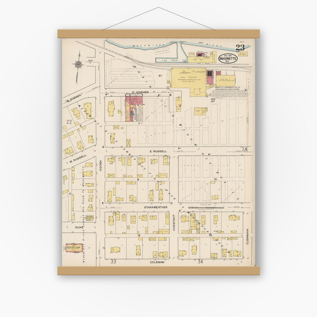 Old map wall art mockup — magnetic wood frame on white wall — Sanborn Fire Insurance Map from Marinette, Marinette County, Wisconsin (1921), Sheet #0023