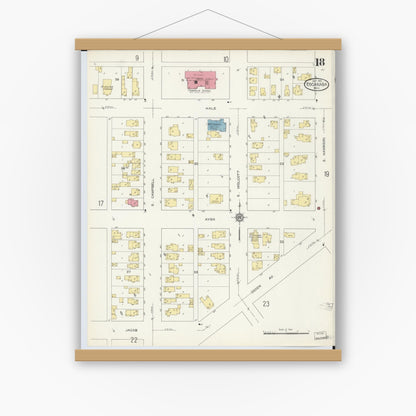 Old map wall art mockup — magnetic wood frame on white wall — Sanborn Fire Insurance Map from Escanaba, Delta County, Michigan (1913), Sheet #0018