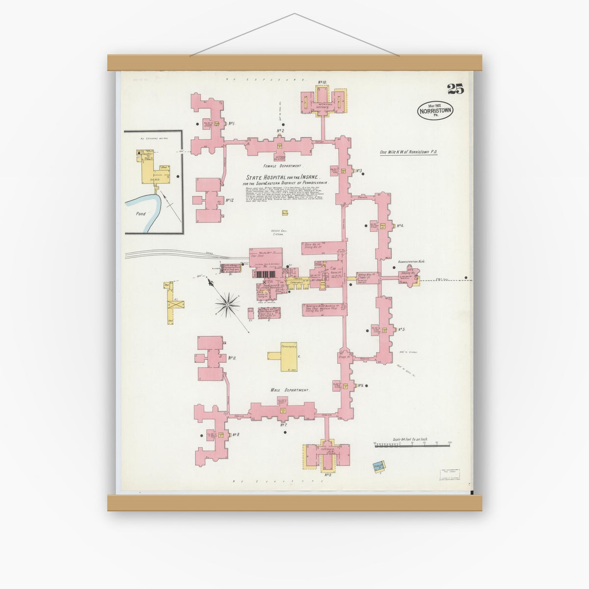 Old map wall art mockup — magnetic wood frame on white wall — Sanborn Fire Insurance Map from Norristown, Montgomery County, Pennsylvania (1902), Sheet #0025