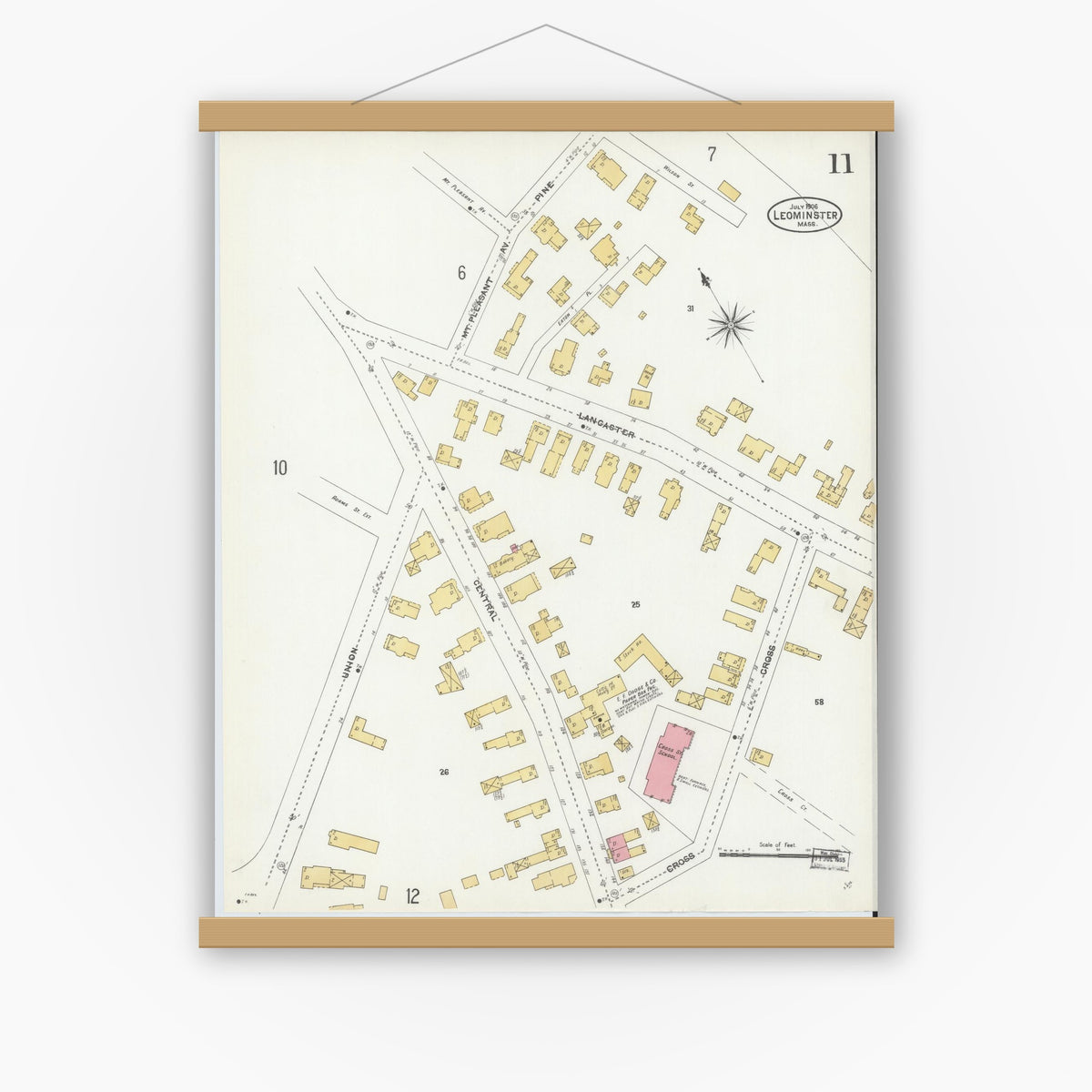 Old map wall art mockup — magnetic wood frame on white wall — Sanborn Fire Insurance Map from Leominster, Worcester County, Massachusetts (1906), Sheet #0011
