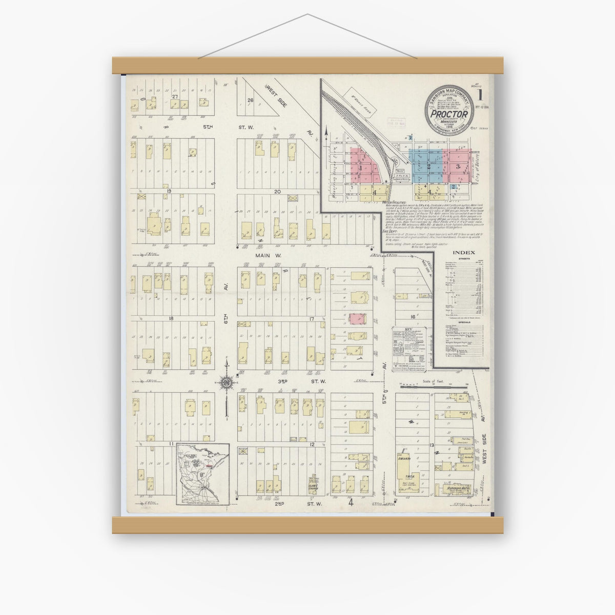 Old map wall art mockup — magnetic wood frame on white wall — Sanborn Fire Insurance Map from Proctor, Saint Louis County, Minnesota (1914) - Complete Map Set