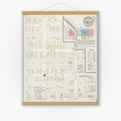 Old map wall art mockup — magnetic wood frame on white wall — Sanborn Fire Insurance Map from Proctor, Saint Louis County, Minnesota (1914) - Complete Map Set