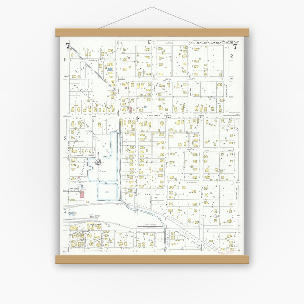 Old map wall art mockup — magnetic wood frame on white wall — Sanborn Fire Insurance Map from Marion, Williamson County, Illinois (1937), Sheet #0007