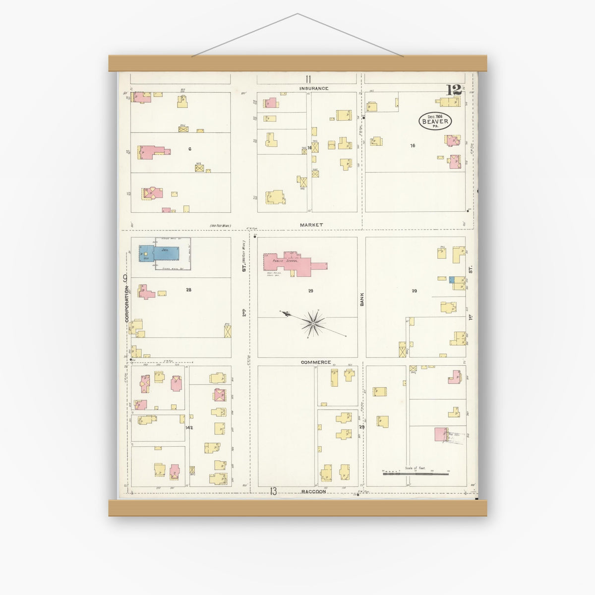 Old map wall art mockup — magnetic wood frame on white wall — Sanborn Fire Insurance Map from Beaver, Beaver County, Pennsylvania (1906), Sheet #0012