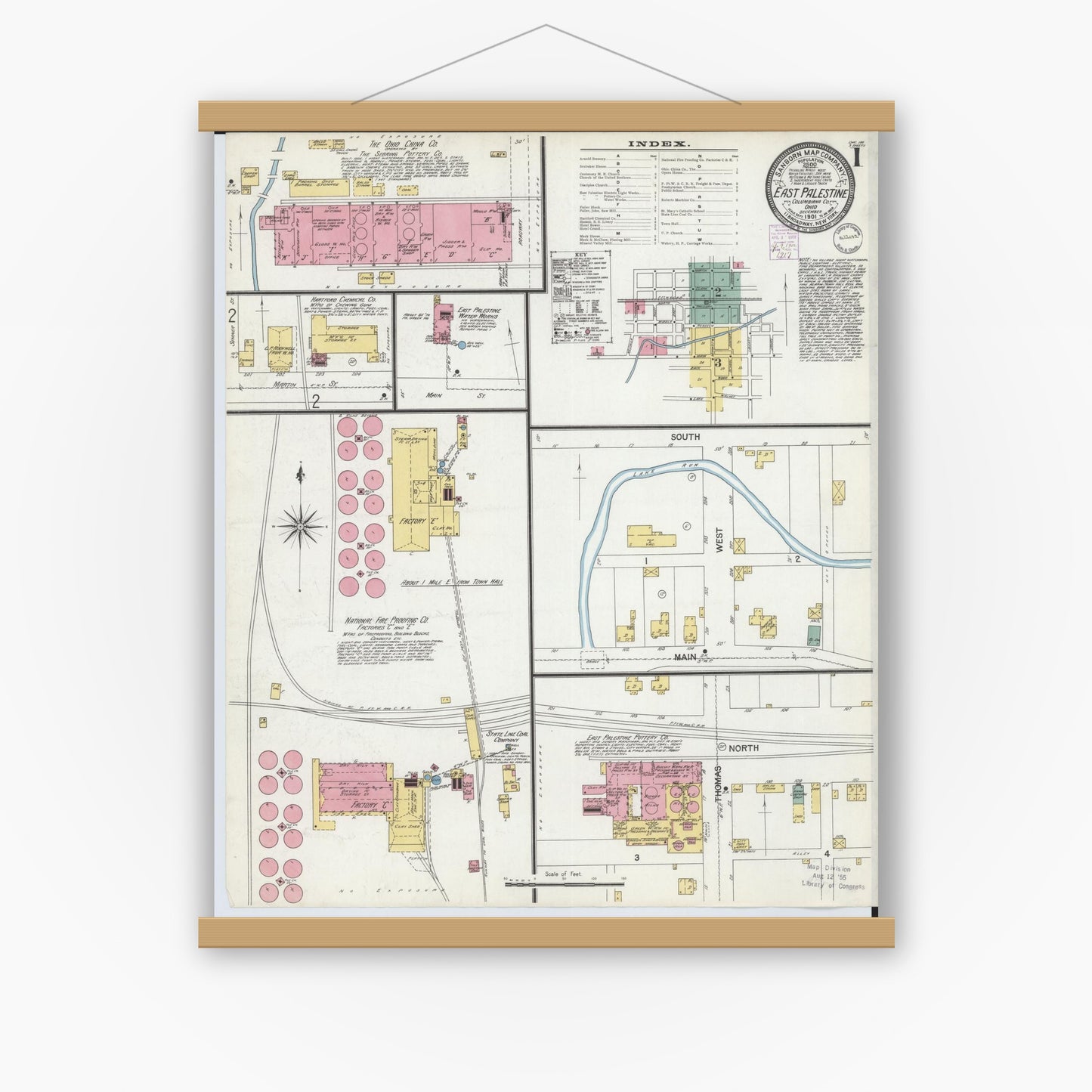 Old map wall art mockup — magnetic wood frame on white wall — Sanborn Fire Insurance Map from East Palestine, Columbiana County, Ohio (1901) - Complete Map Set