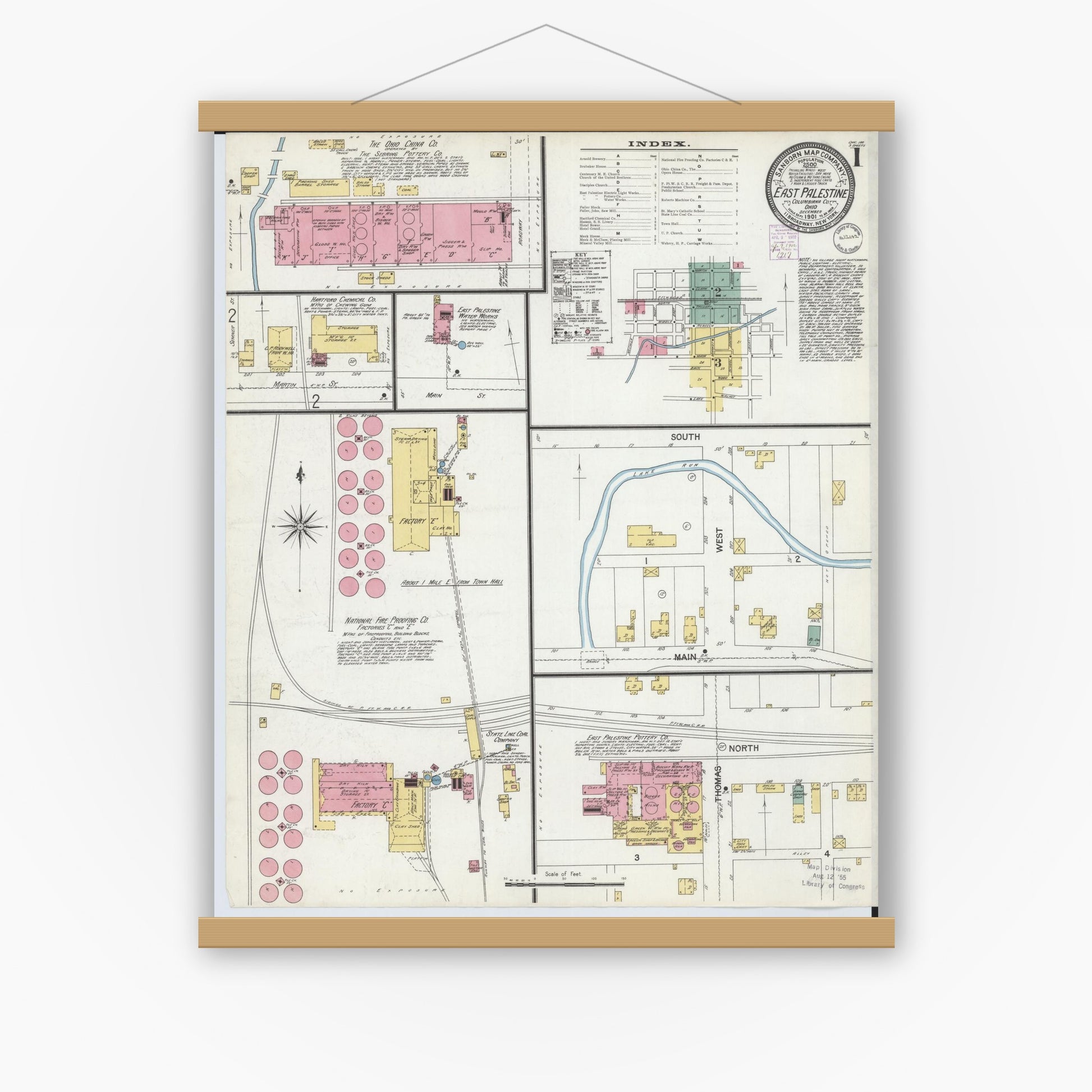 Old map wall art mockup — magnetic wood frame on white wall — Sanborn Fire Insurance Map from East Palestine, Columbiana County, Ohio (1901) - Complete Map Set