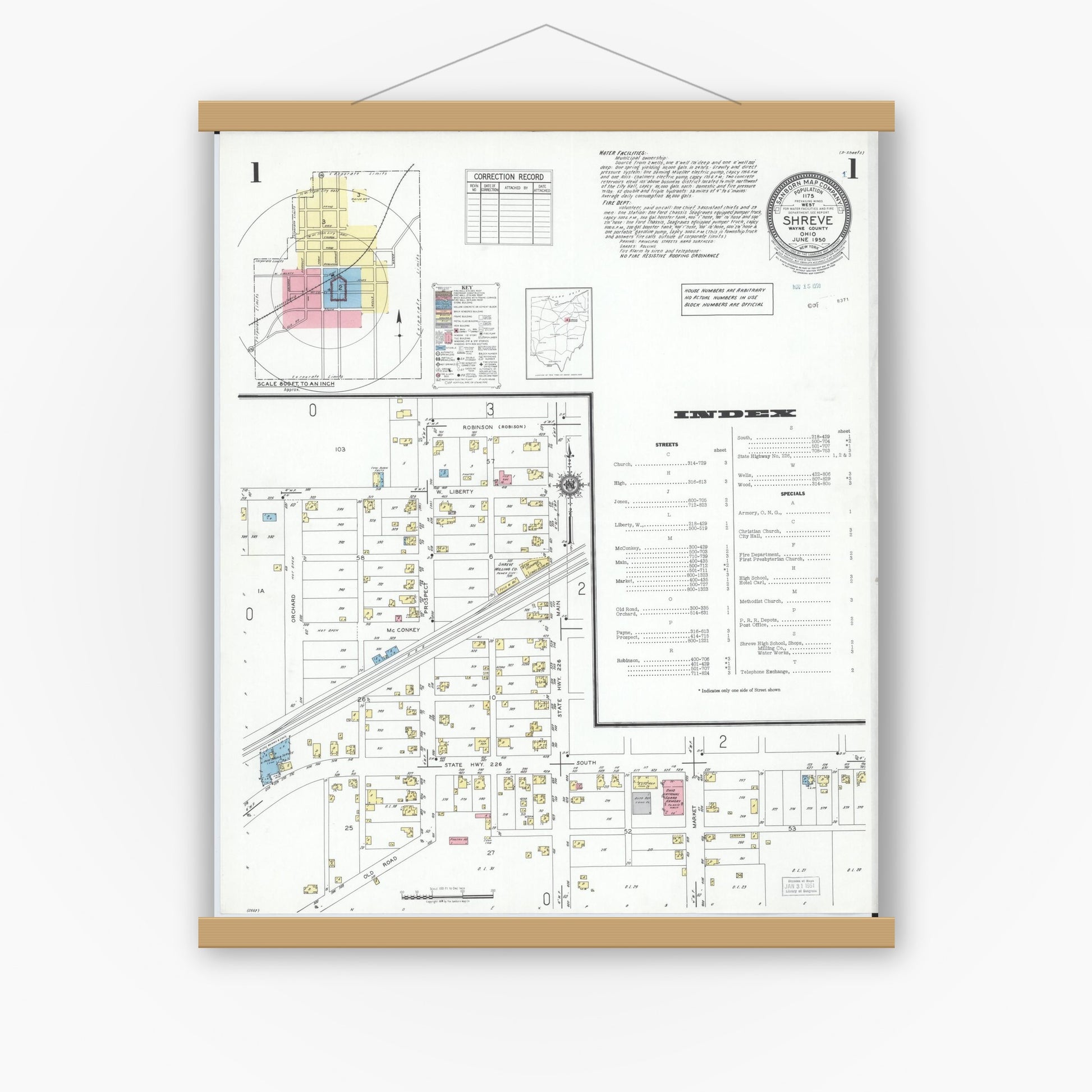 Old map wall art mockup — magnetic wood frame on white wall — Sanborn Fire Insurance Map from Shreve, Wayne County, Ohio (1950) - Complete Map Set