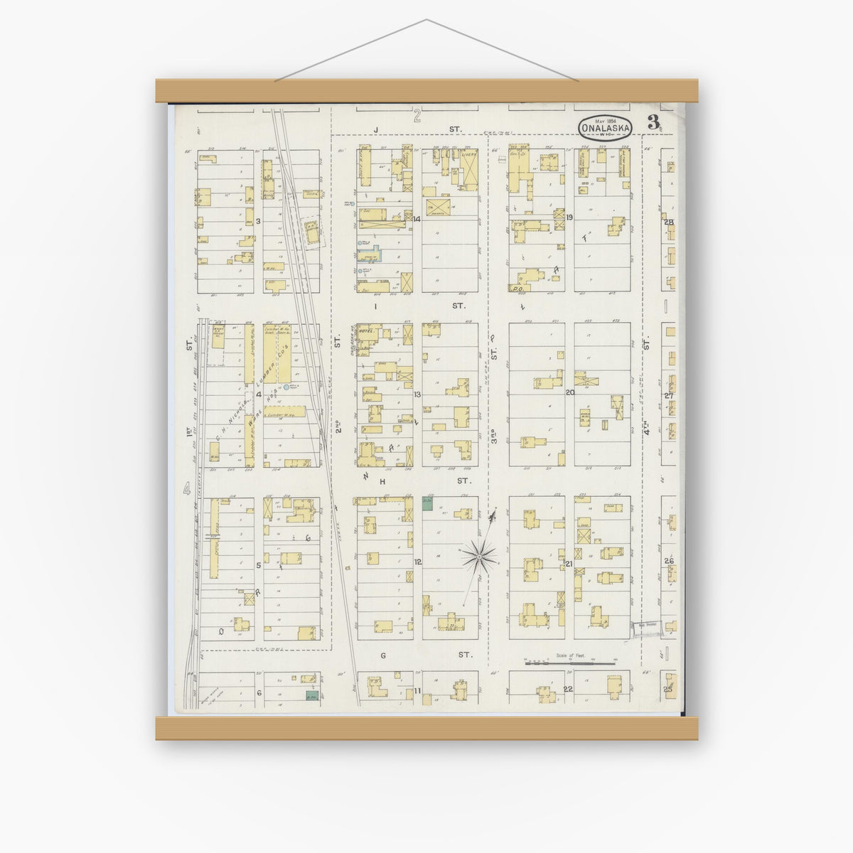 Old map wall art mockup — magnetic wood frame on white wall — Sanborn Fire Insurance Map from Onalaska, La Crosse County, Wisconsin (1894), Sheet #0003