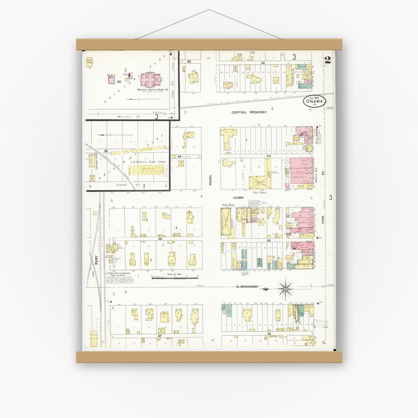 Old map wall art mockup — magnetic wood frame on white wall — Sanborn Fire Insurance Map from Onawa, Monona County, Iowa (1907), Sheet #0002