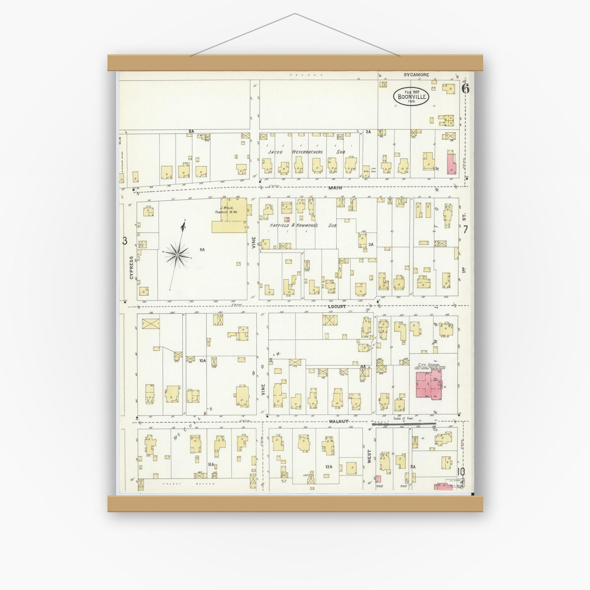 Old map wall art mockup — magnetic wood frame on white wall — Sanborn Fire Insurance Map from Boonville, Warrick County, Indiana (1907), Sheet #0006