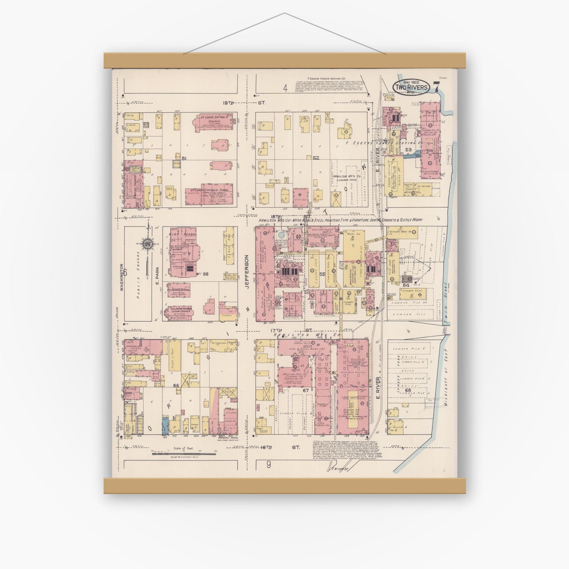 Old map wall art mockup — magnetic wood frame on white wall — Sanborn Fire Insurance Map from Two Rivers, Manitowoc County, Wisconsin (1922), Sheet #0007