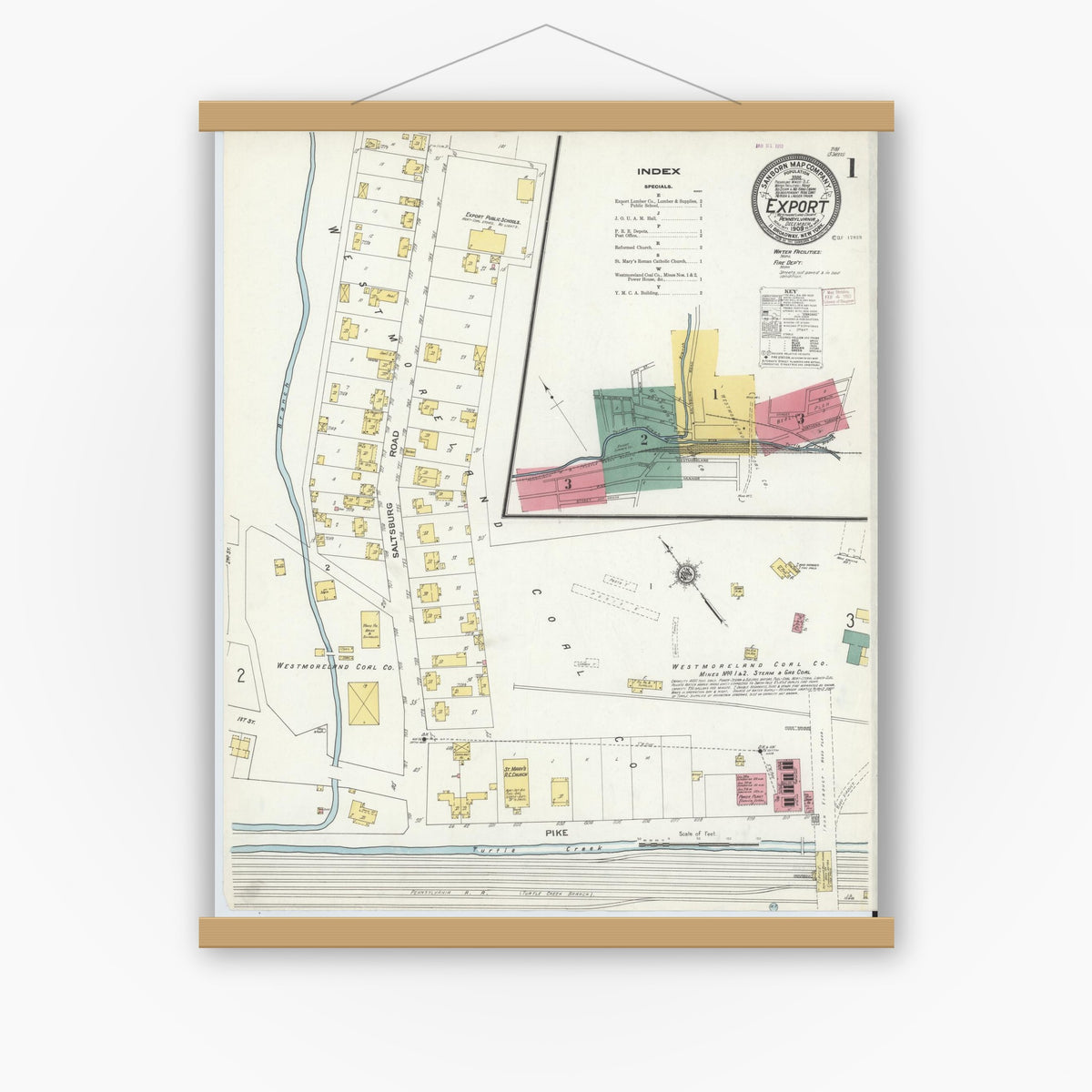 Old map wall art mockup — magnetic wood frame on white wall — Sanborn Fire Insurance Map from Export, Westmoreland County, Pennsylvania (1909) - Complete Map Set