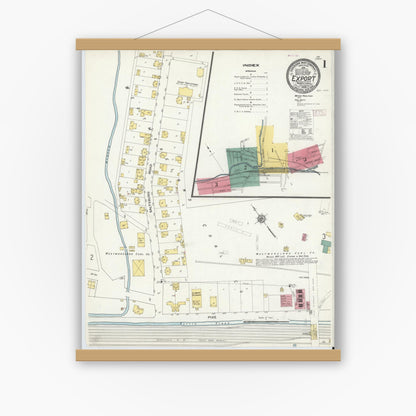 Old map wall art mockup — magnetic wood frame on white wall — Sanborn Fire Insurance Map from Export, Westmoreland County, Pennsylvania (1909) - Complete Map Set