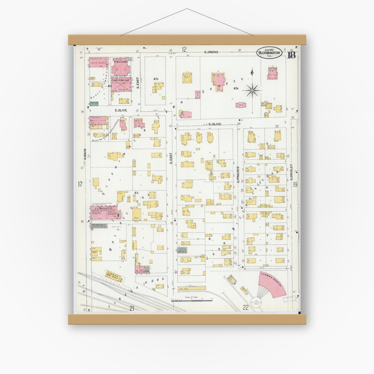Old map wall art mockup — magnetic wood frame on white wall — Sanborn Fire Insurance Map from Bloomington, McLean County, Illinois (1901), Sheet #0018
