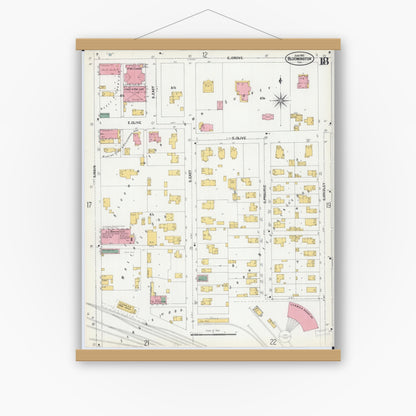 Old map wall art mockup — magnetic wood frame on white wall — Sanborn Fire Insurance Map from Bloomington, McLean County, Illinois (1901), Sheet #0018