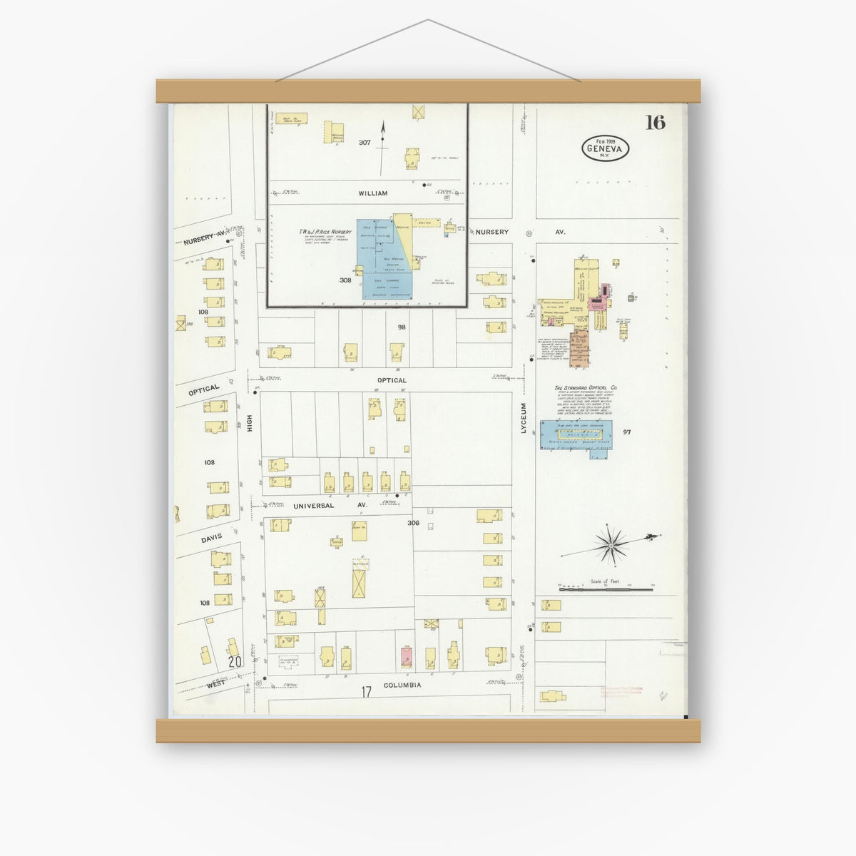 Old map wall art mockup — magnetic wood frame on white wall — Sanborn Fire Insurance Map from Geneva, Ontario County, New York (1909), Sheet #0016