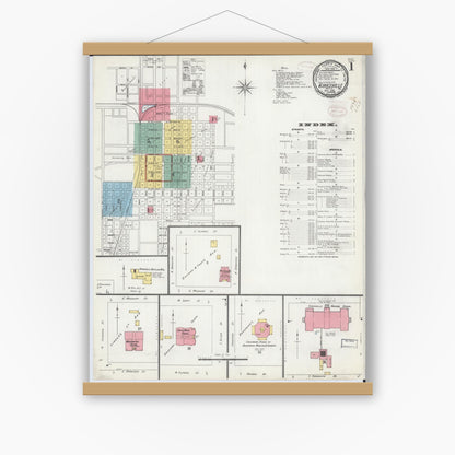 Old map wall art mockup — magnetic wood frame on white wall — Sanborn Fire Insurance Map from Kirksville, Adair County, Missouri (1898), Sheet #0001
