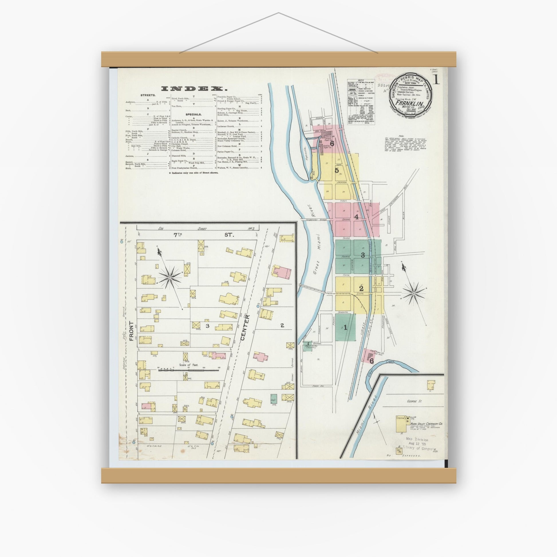 Old map wall art mockup — magnetic wood frame on white wall — Sanborn Fire Insurance Map from Franklin, Warren County, Ohio (1892), Sheet #0001