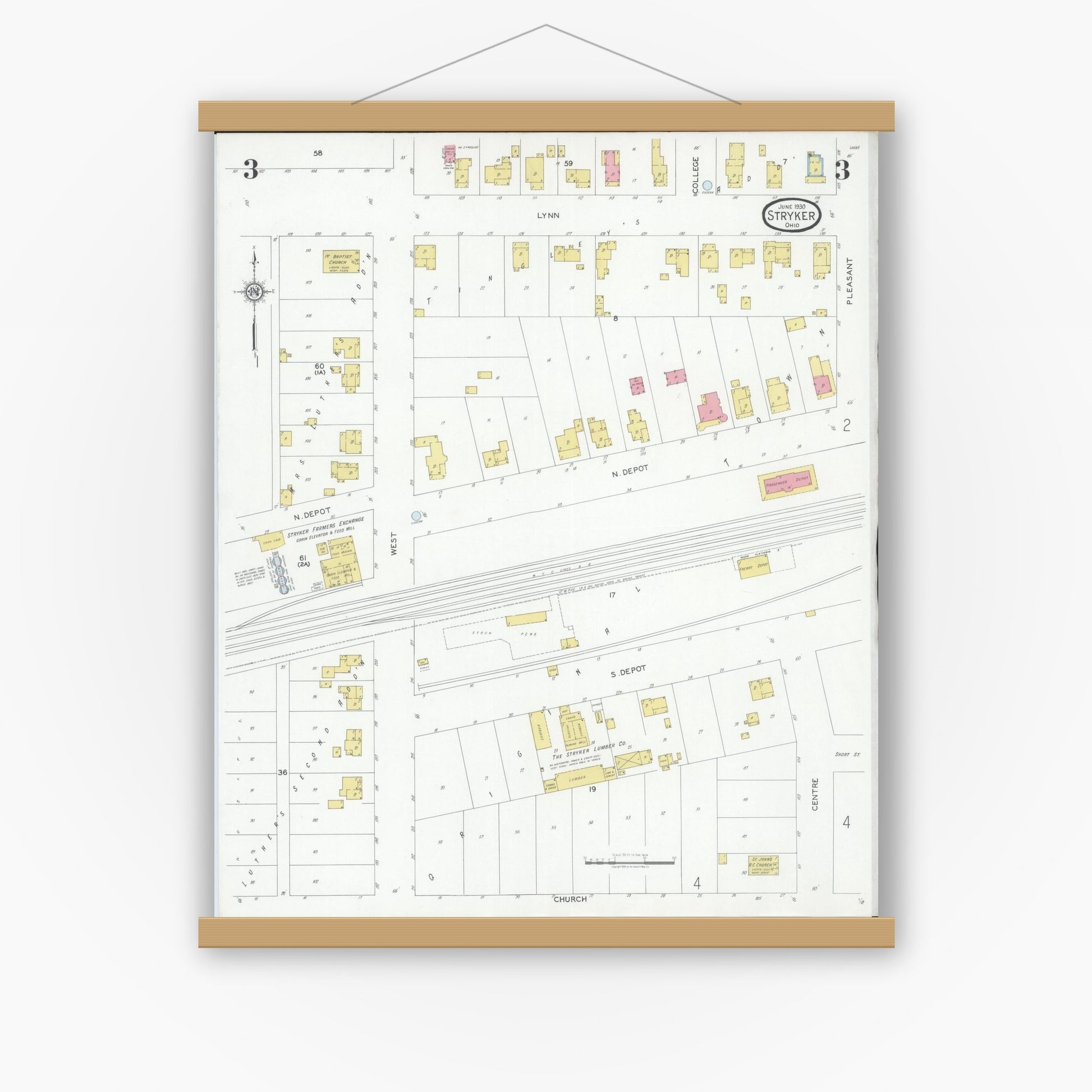 Old map wall art mockup — magnetic wood frame on white wall — Sanborn Fire Insurance Map from Stryker, Williams County, Ohio (1930), Sheet #0003