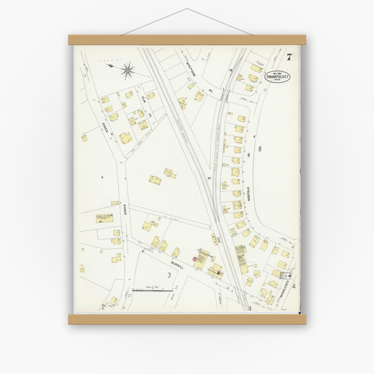 Old map wall art mockup — magnetic wood frame on white wall — Sanborn Fire Insurance Map from Swampscott, Essex County, Massachusetts (1907), Sheet #0007