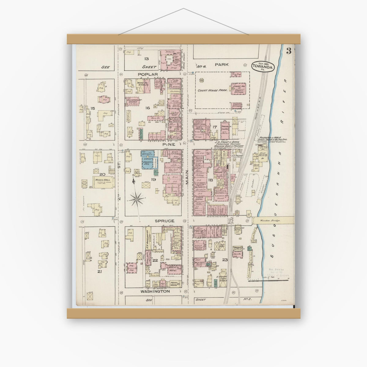 Old map wall art mockup — magnetic wood frame on white wall — Sanborn Fire Insurance Map from Towanda, Bradford County, Pennsylvania (1885), Sheet #0003