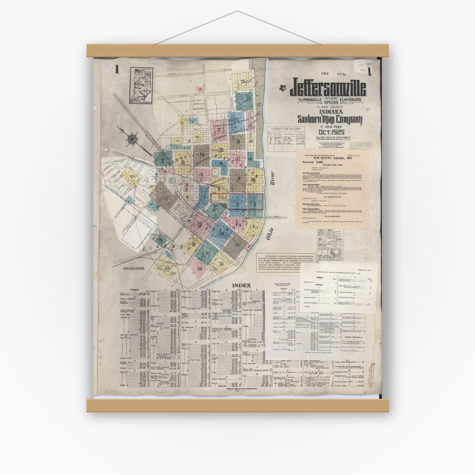 Old map wall art mockup — magnetic wood frame on white wall — Sanborn Fire Insurance Map from Jeffersonville, Clark County, Indiana (1949), Sheet #0001