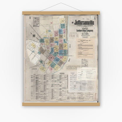 Old map wall art mockup — magnetic wood frame on white wall — Sanborn Fire Insurance Map from Jeffersonville, Clark County, Indiana (1949), Sheet #0001