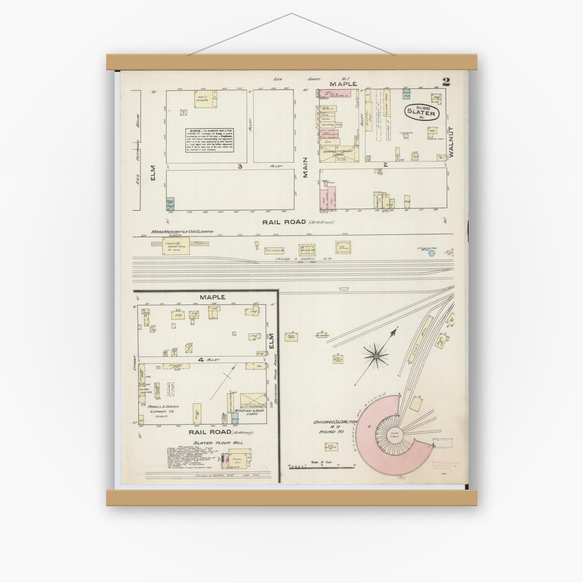 Old map wall art mockup — magnetic wood frame on white wall — Sanborn Fire Insurance Map from Slater, Saline County, Missouri (1883), Sheet #0002