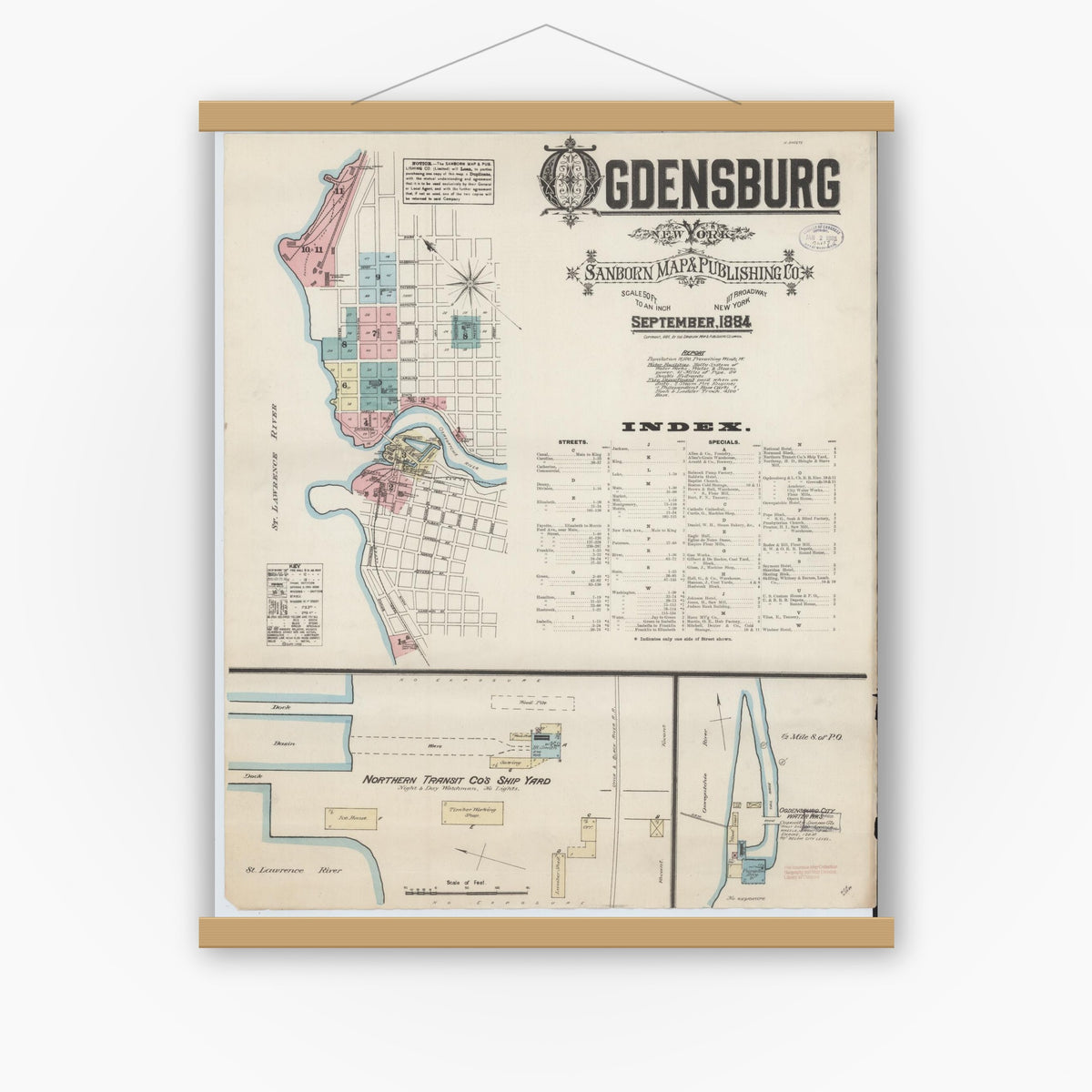Old map wall art mockup — magnetic wood frame on white wall — Sanborn Fire Insurance Map from Ogdensburg, St. Lawrence County, New York (1884), Sheet #0001
