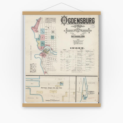 Old map wall art mockup — magnetic wood frame on white wall — Sanborn Fire Insurance Map from Ogdensburg, St. Lawrence County, New York (1884), Sheet #0001
