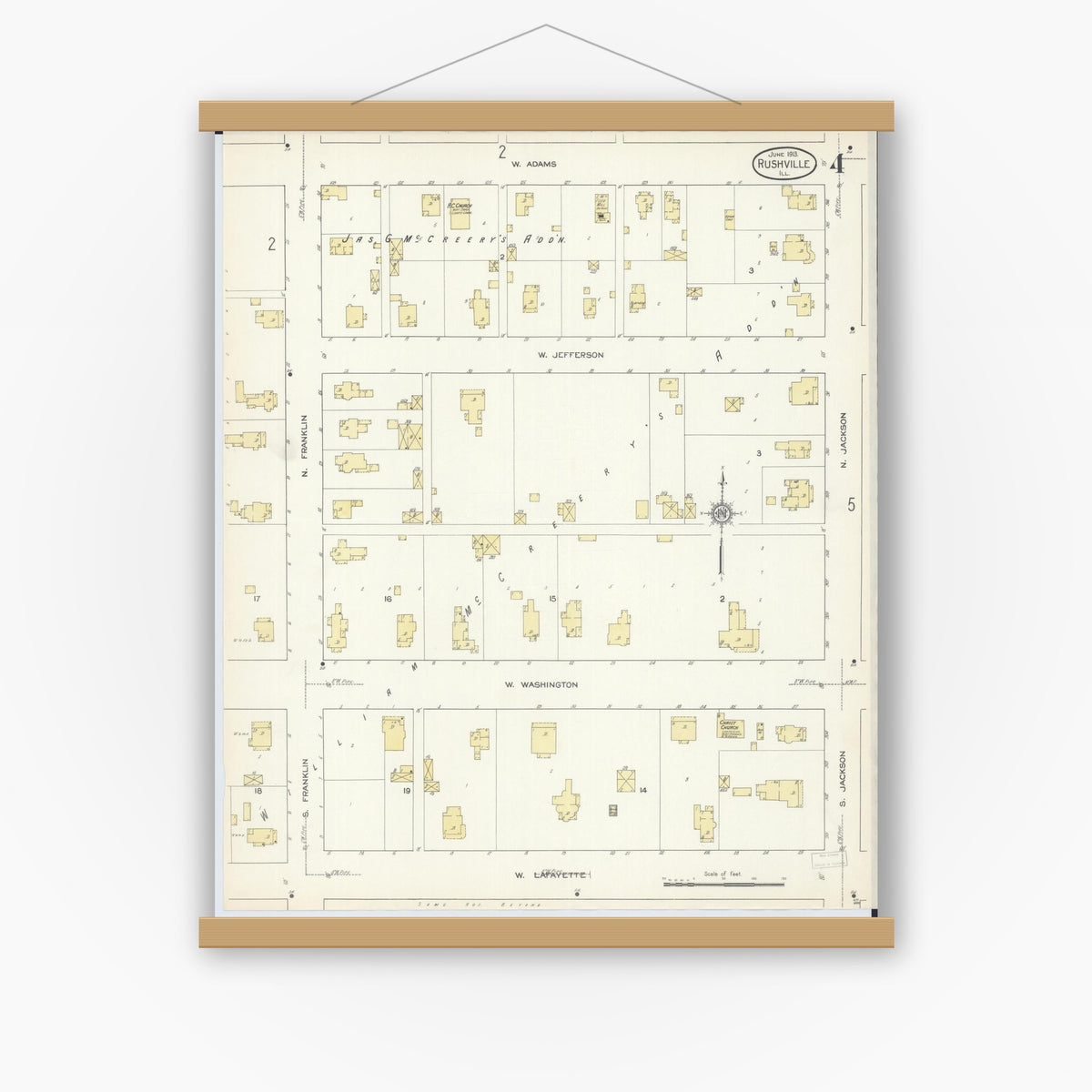Old map wall art mockup — magnetic wood frame on white wall — Sanborn Fire Insurance Map from Rushville, Schuyler County, Illinois (1913), Sheet #0004