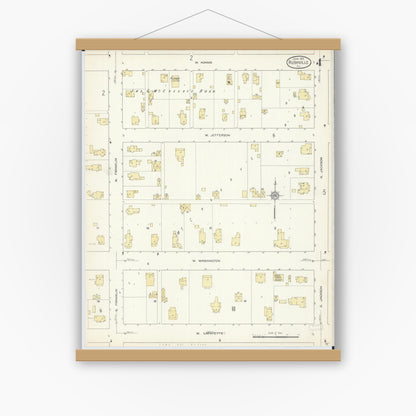 Old map wall art mockup — magnetic wood frame on white wall — Sanborn Fire Insurance Map from Rushville, Schuyler County, Illinois (1913), Sheet #0004