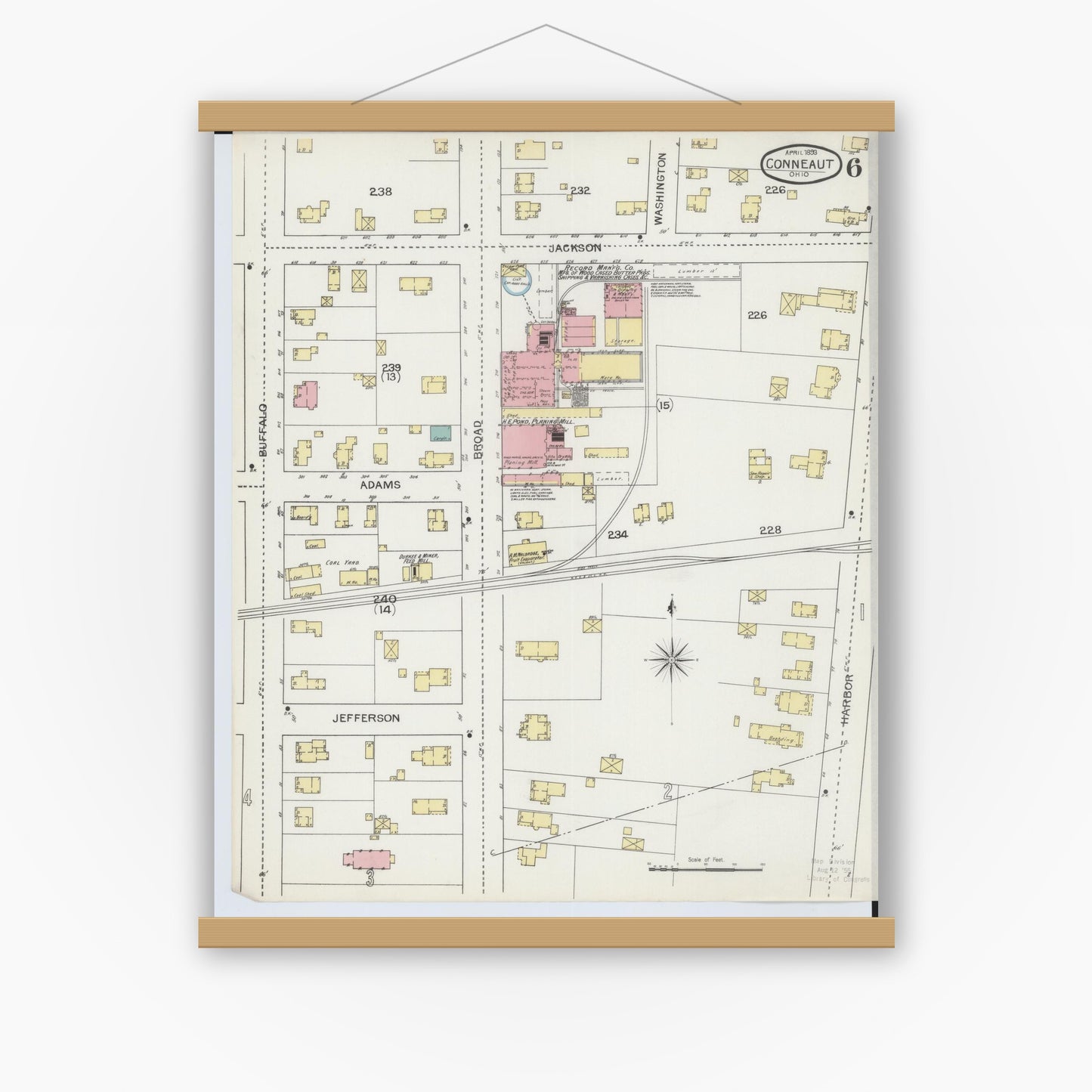 Old map wall art mockup — magnetic wood frame on white wall — Sanborn Fire Insurance Map from Conneaut, Ashtabula County, Ohio (1893), Sheet #0006