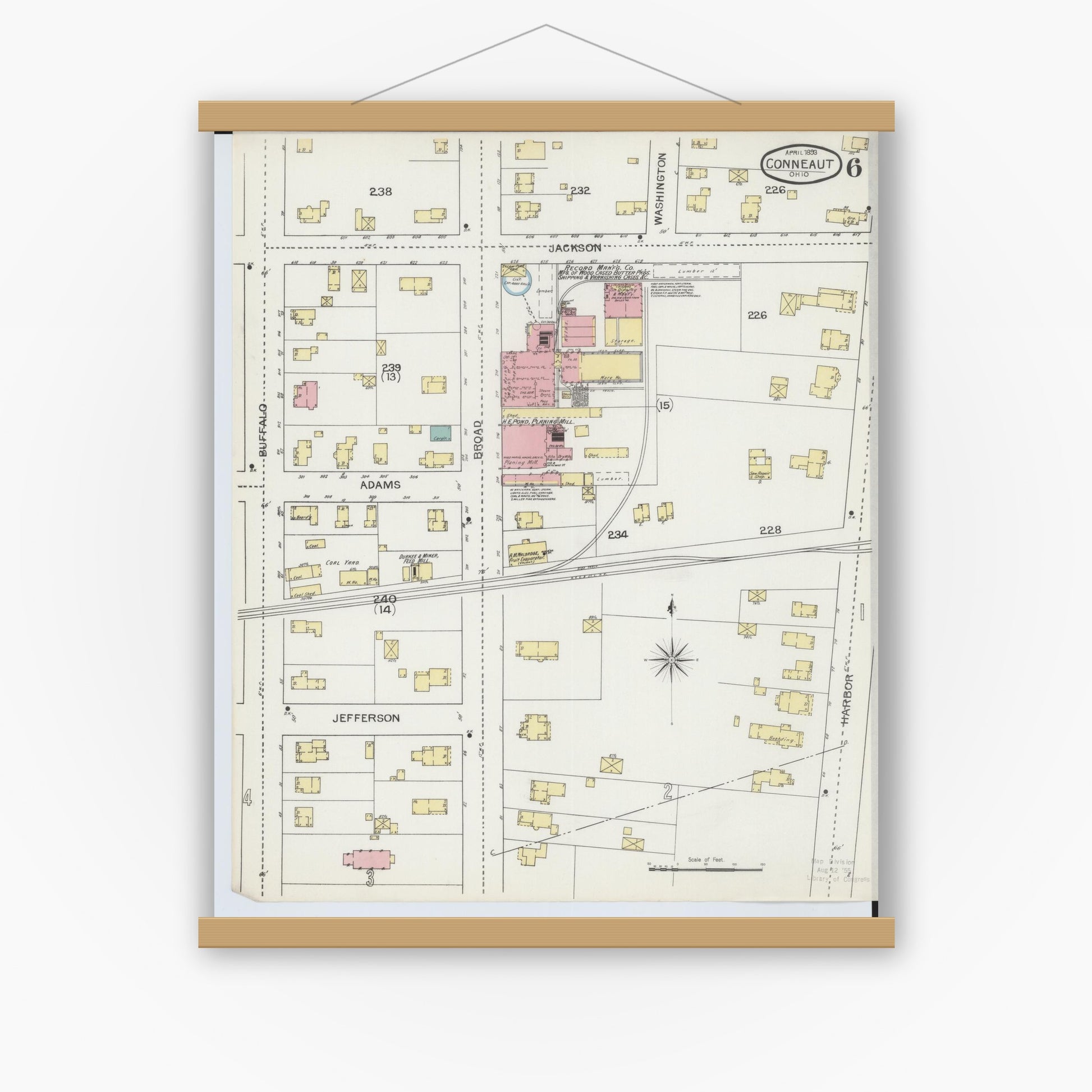 Old map wall art mockup — magnetic wood frame on white wall — Sanborn Fire Insurance Map from Conneaut, Ashtabula County, Ohio (1893), Sheet #0006