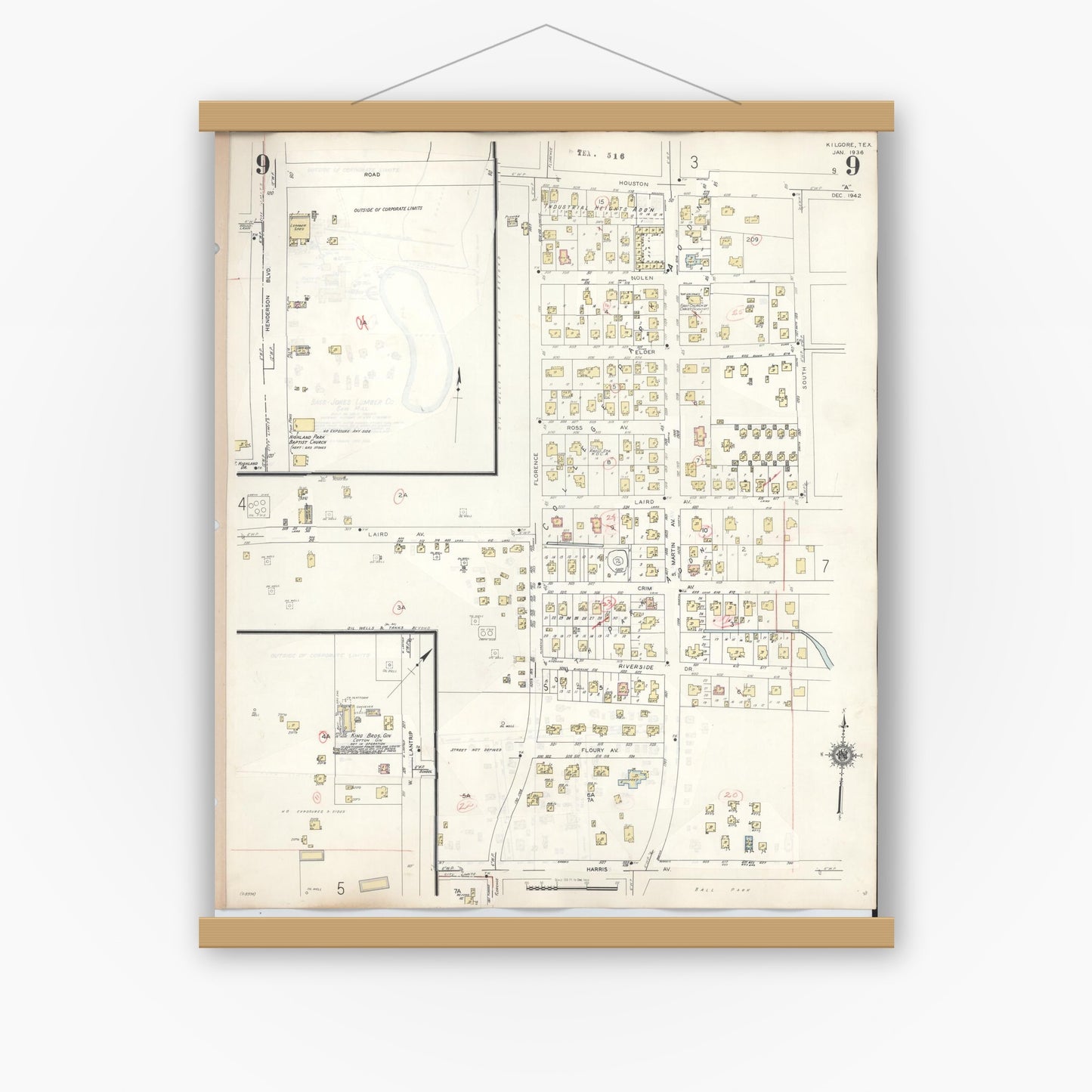 Old map wall art mockup — magnetic wood frame on white wall — Sanborn Fire Insurance Map from Kilgore, Gregg County, Texas (1950), Sheet #0009