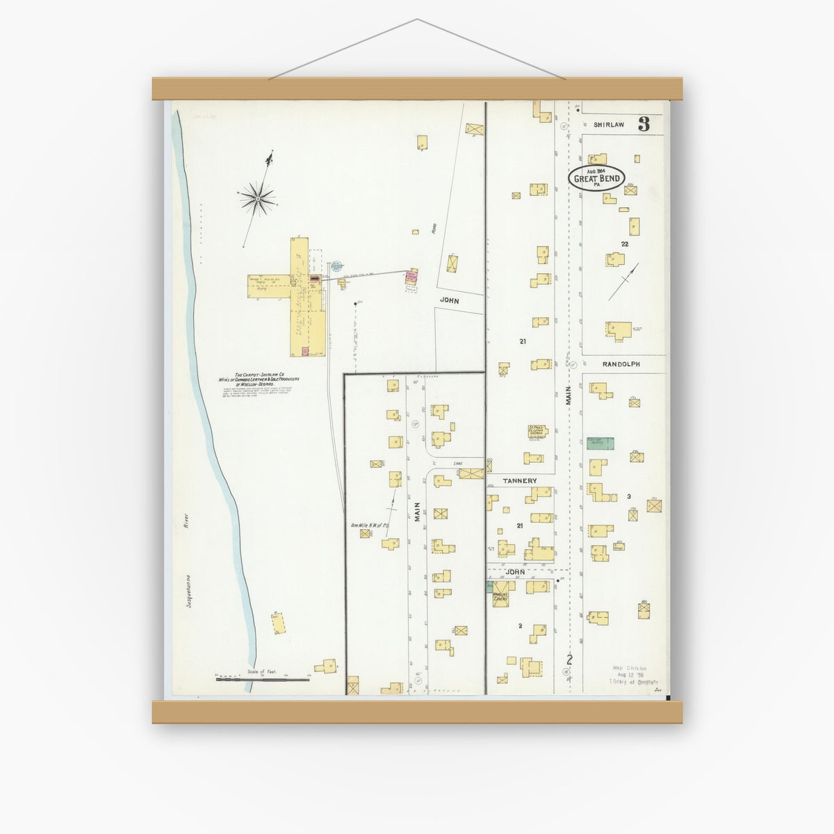 Old map wall art mockup — magnetic wood frame on white wall — Sanborn Fire Insurance Map from Great Bend, Susquehanna County, Pennsylvania (1904), Sheet #0003