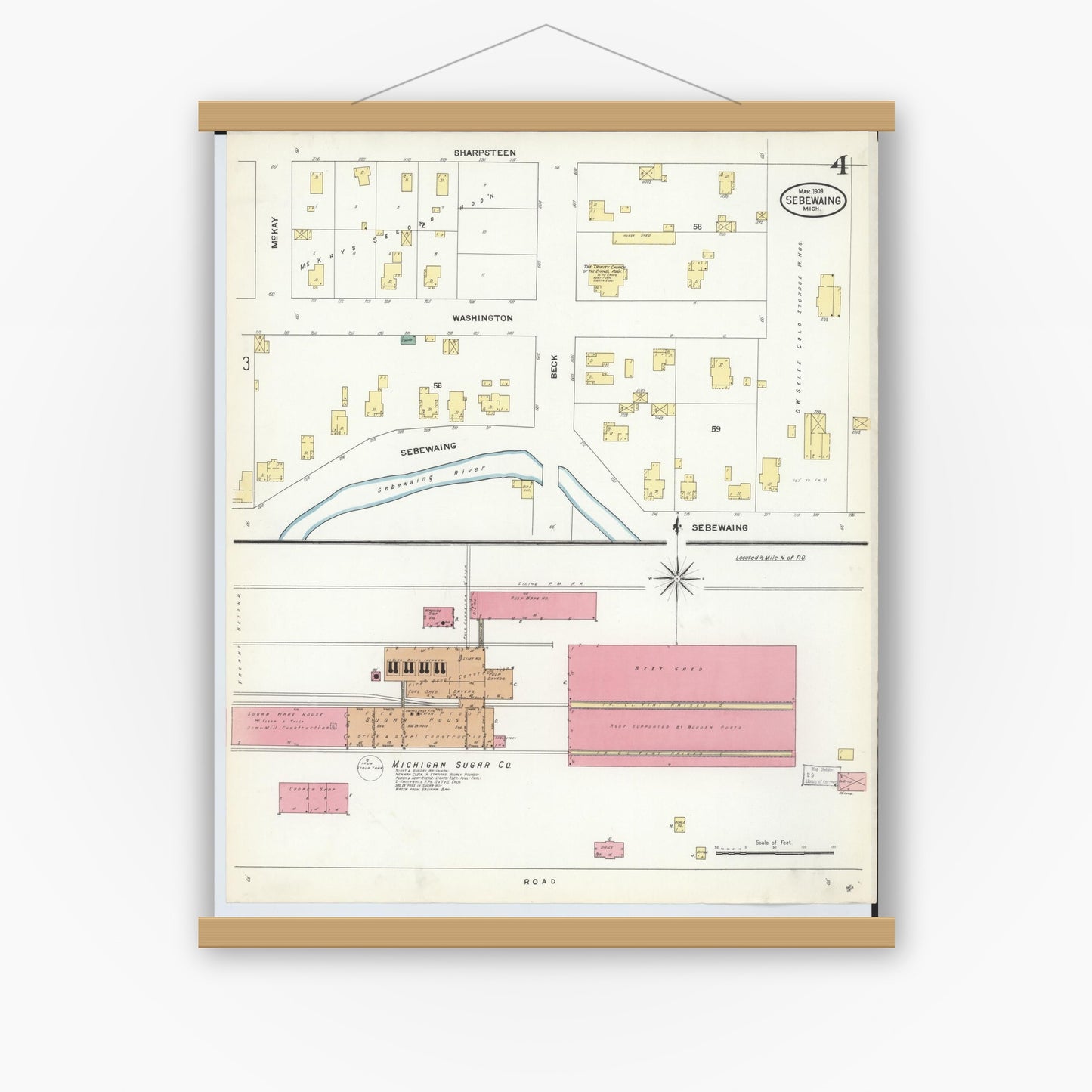 Old map wall art mockup — magnetic wood frame on white wall — Sanborn Fire Insurance Map from Sebewaing, Huron County, Michigan (1909), Sheet #0004
