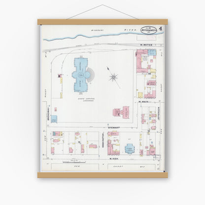 Old map wall art mockup — magnetic wood frame on white wall — Sanborn Fire Insurance Map from Jefferson City, Cole County, Missouri (1892), Sheet #0004