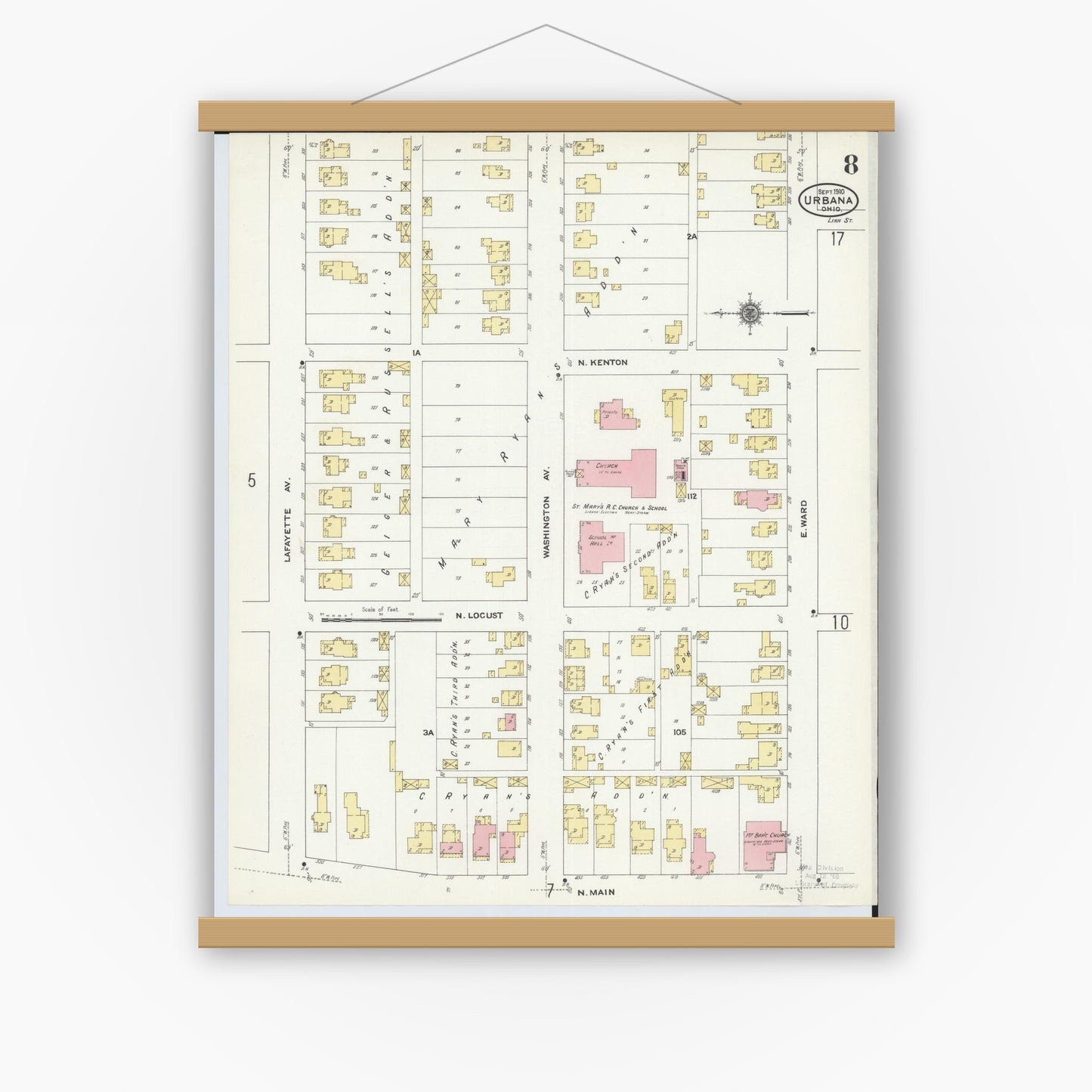 Old map wall art mockup — magnetic wood frame on white wall — Sanborn Fire Insurance Map from Urbana, Champaign County, Ohio (1910), Sheet #0008