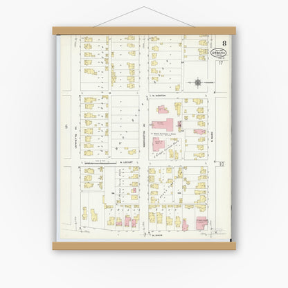 Old map wall art mockup — magnetic wood frame on white wall — Sanborn Fire Insurance Map from Urbana, Champaign County, Ohio (1910), Sheet #0008