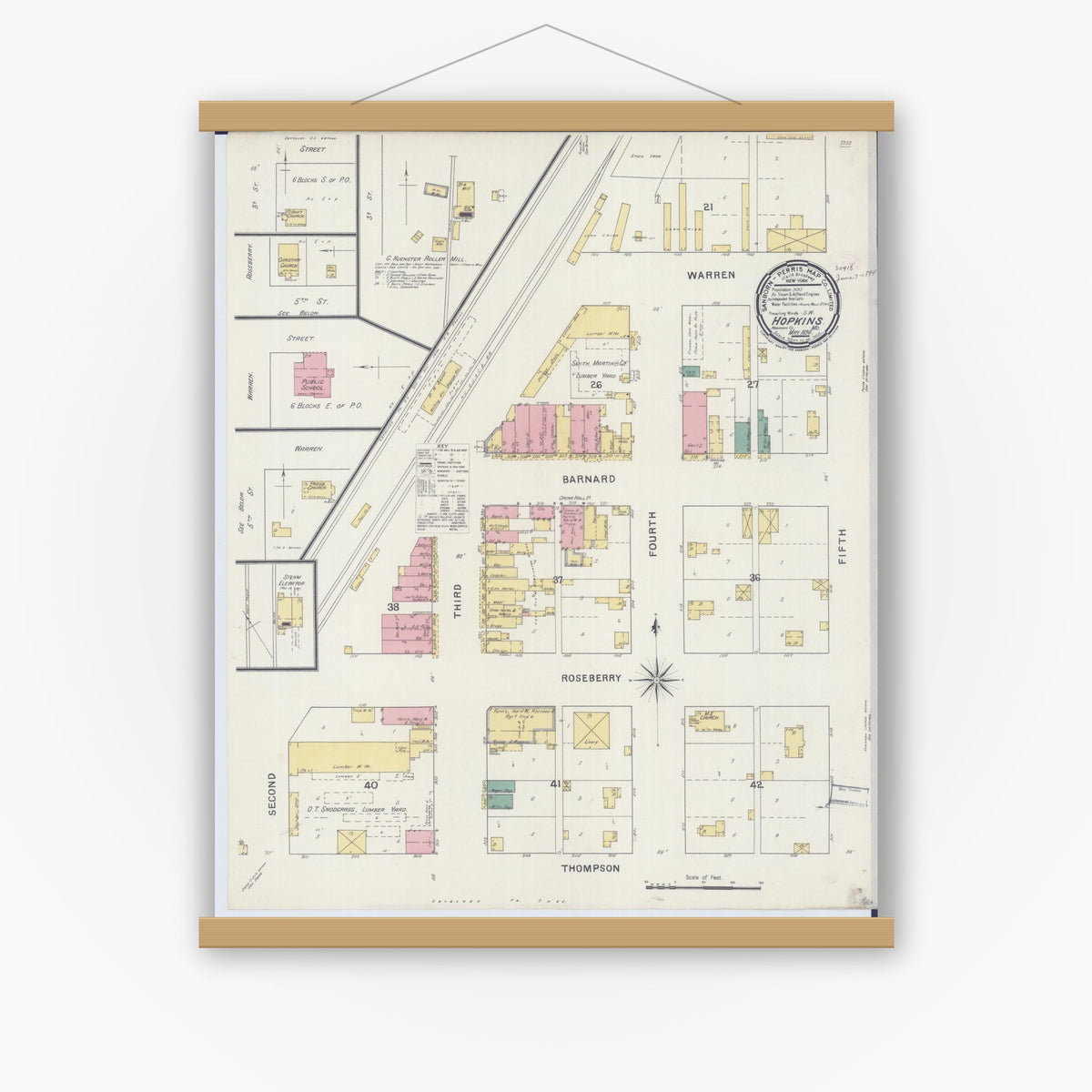 Old map wall art mockup — magnetic wood frame on white wall — Sanborn Fire Insurance Map from Hopkins, Nodaway County, Missouri (1894), Sheet #0001